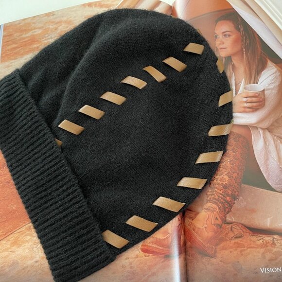 HANNAH ROSE Black Cashmere Whip Stitch Hat with Brown Faux Leather Detail: NWT!! main image 6